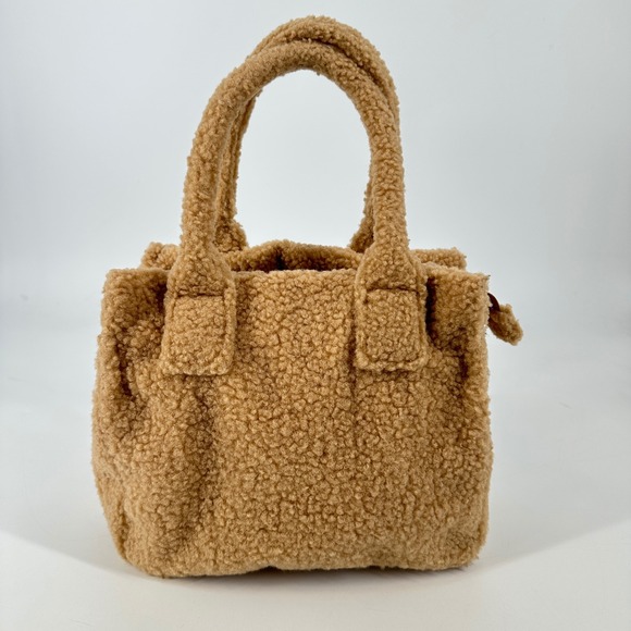 J. Crew Handbags - J. Crew Small Sherpa Teddy Bear Fur Tote Bag Camel Tan Top Handle Zipper Closure